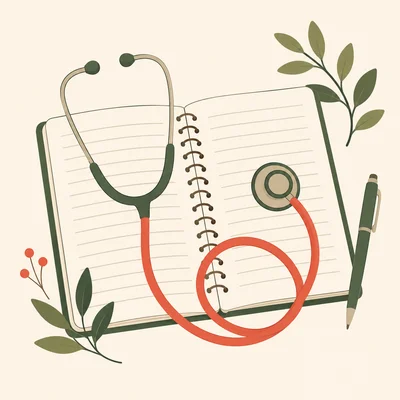 Illustration of a stethoscope over an open notebook