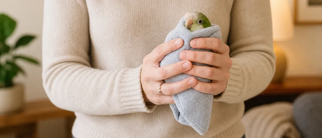 A worried keeper carrying a bird in a small carrier towards a car