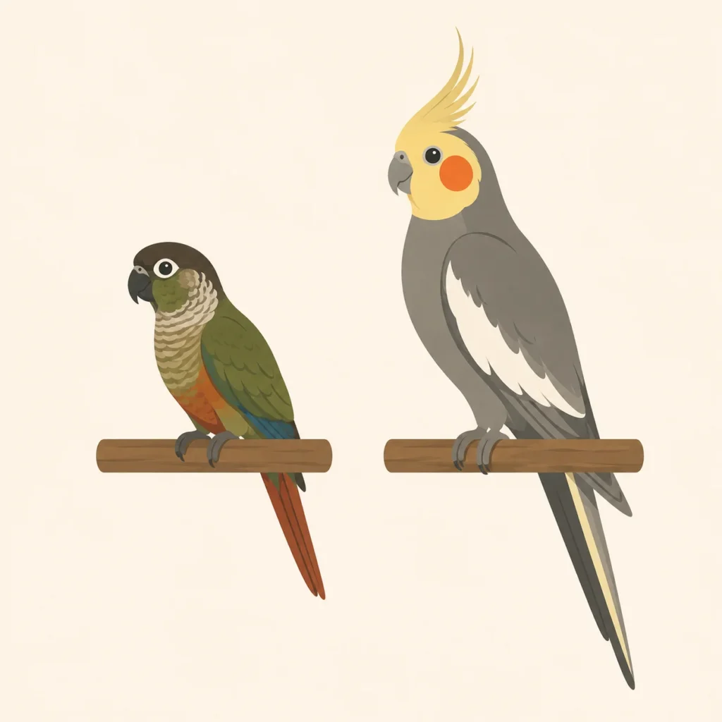 A green-cheek conure silhouette and a cockatiel silhouette drawn to scale on identical perches, showing the size gap owners misjudge from photos
